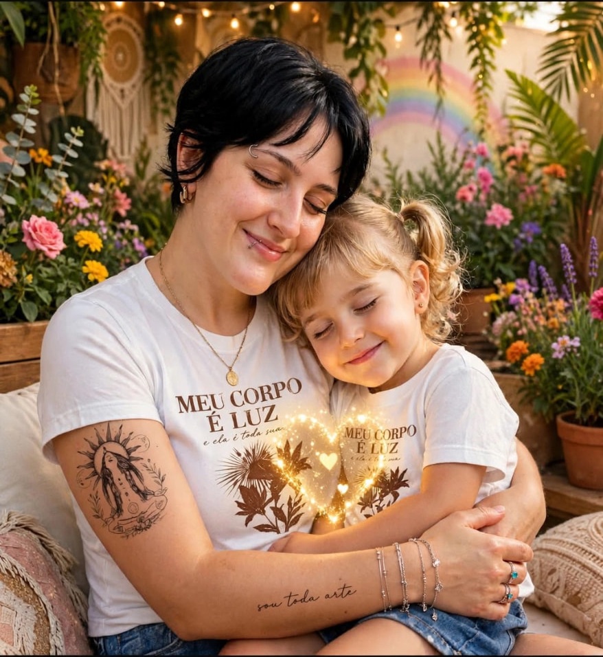 Bele abraçando uma criança, ambas com camisetas do projeto Meu Corpo é Luz